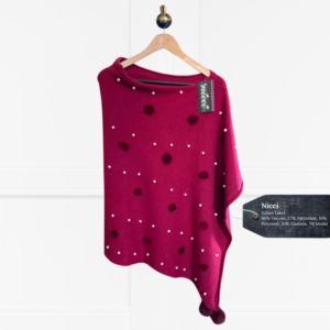 Nicci | Red Pearl & Pom-Pom Poncho - One size